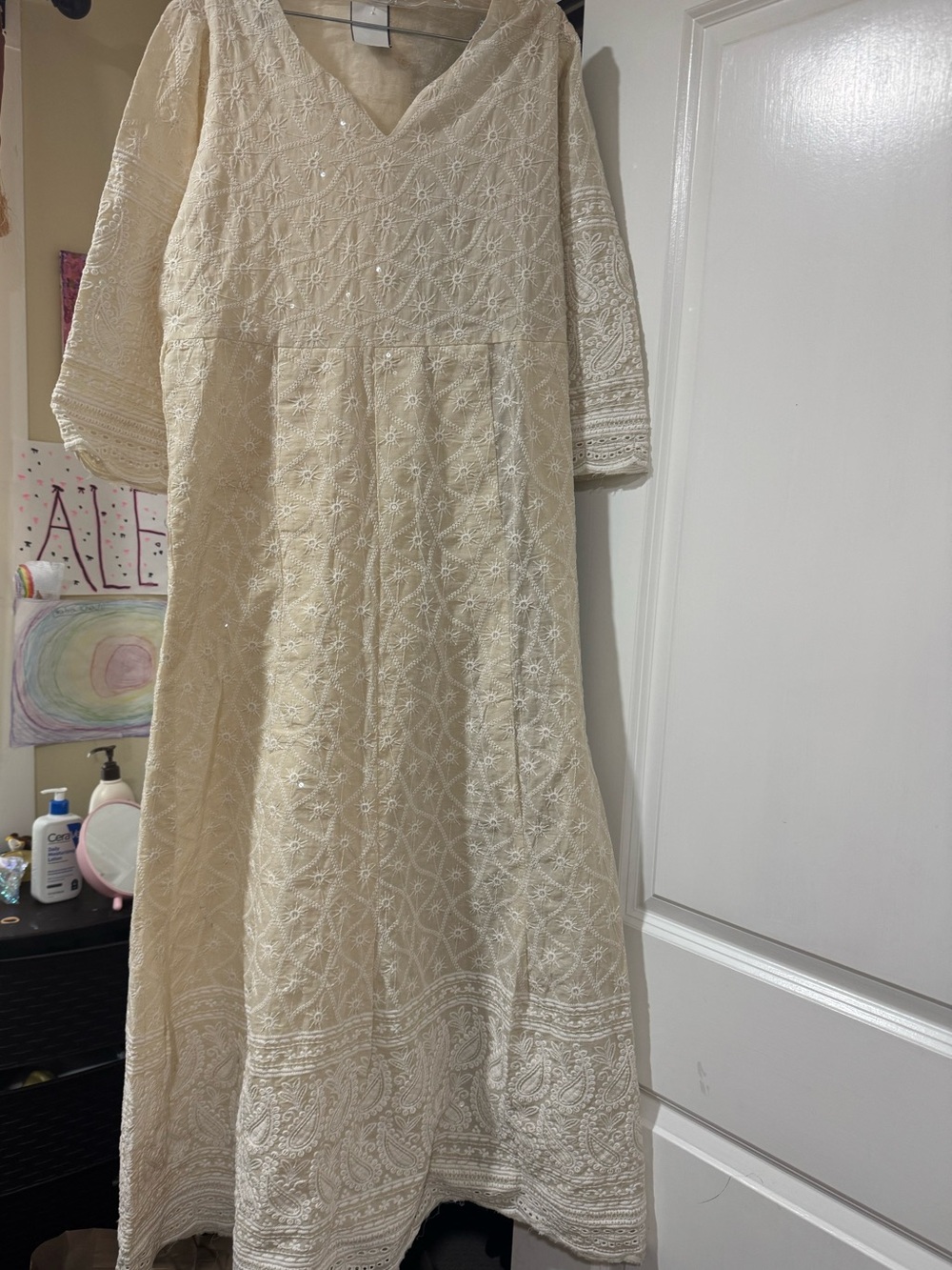 Cream Embroidered V-Neck Maxi Dress